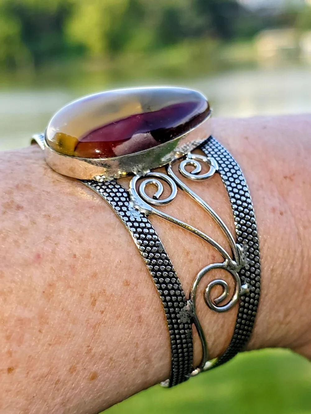 Mookaite Gemstone Cuff Bracelet In 925 Sterling Silver (Adjustable)